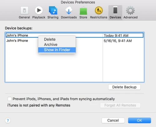 delete backup in itunes