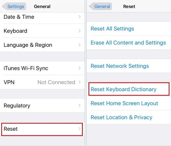 reset keyboard dictionary