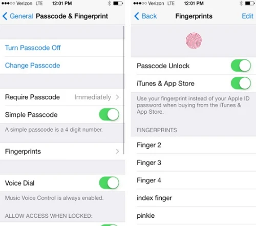 activate touch id from settings 