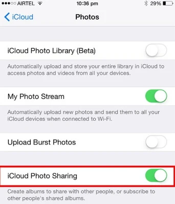 disable icloud photo sharing