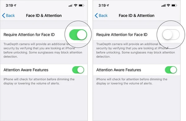 disable require attention for face id