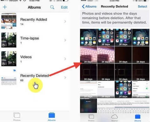 recently deleted photos folder ios 11