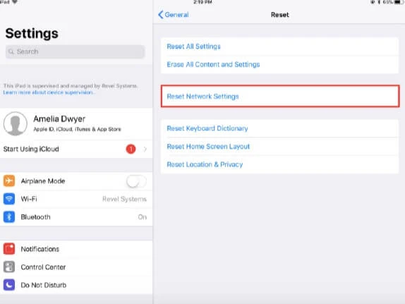 reset network settings ipad