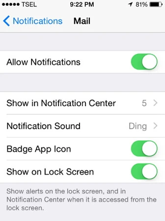 mail show in notification center