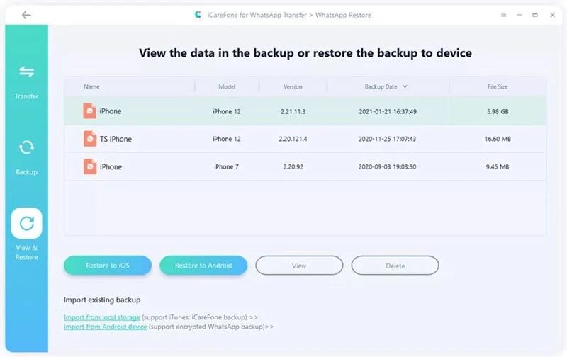 select a whatsapp backup