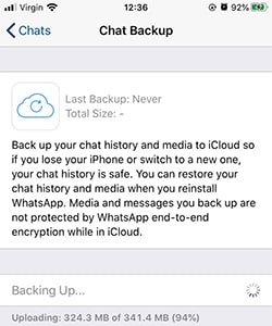 whatsapp backup to icloud stuck