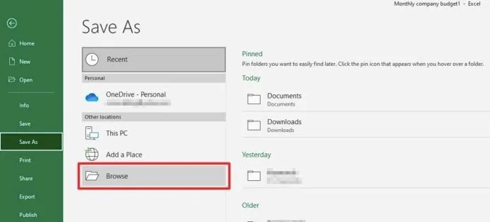 excel save as browse