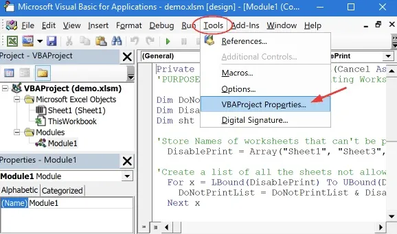 vba project properties