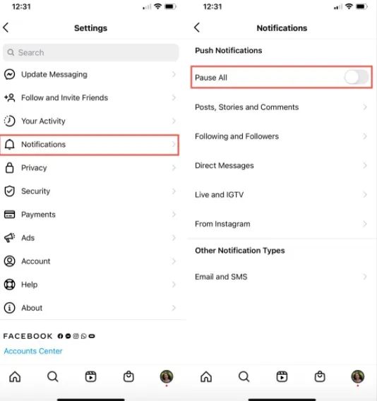 instagram notifications and pause all