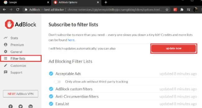 add adblock filter lists