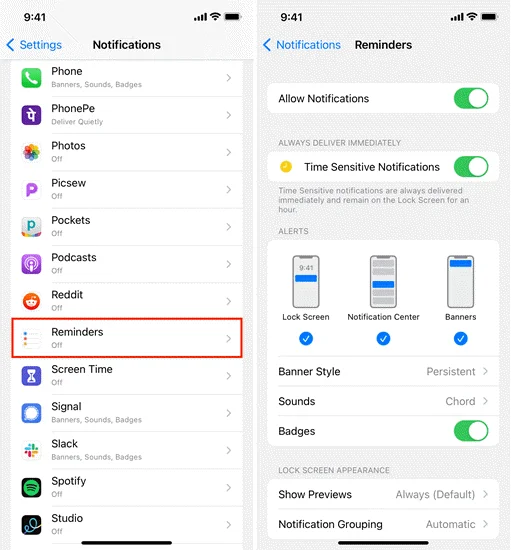 allow reminders notifications on iphone