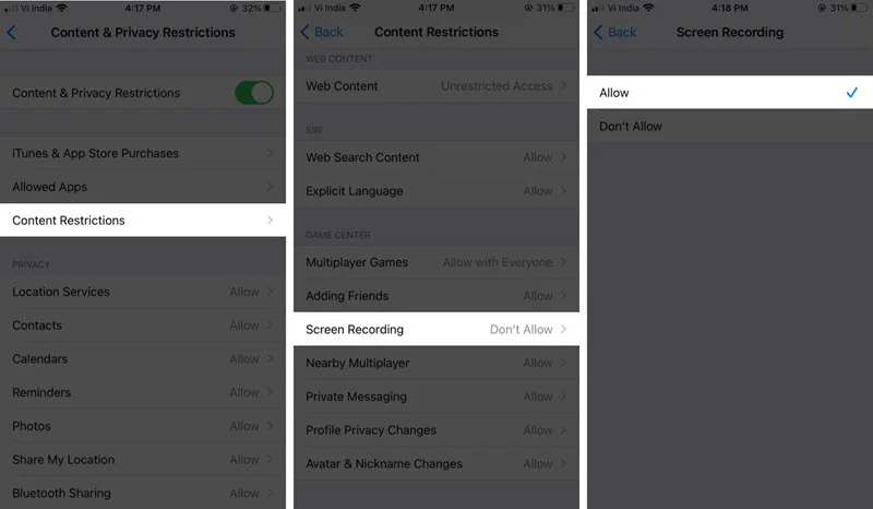 allow screen recording from screen time on iphone