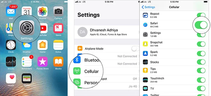 allow safari to use cellular data on iphone