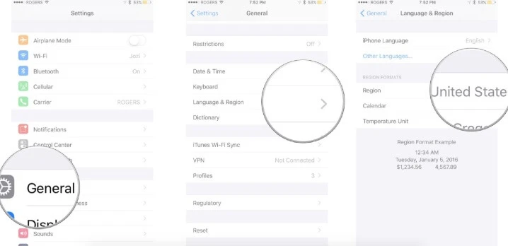 change iphone language and region