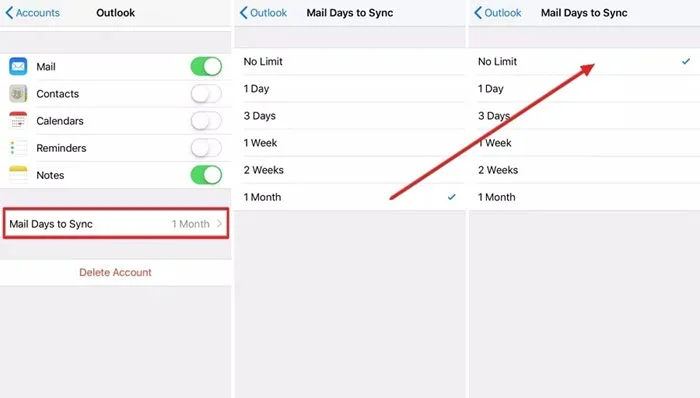 change mail days to sync on iphone