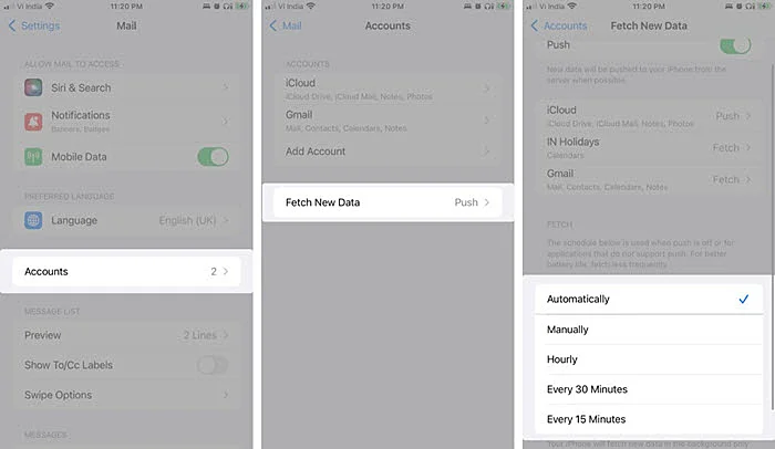check mail fetch settings on iphone