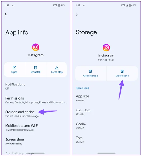 clear instagram cache android