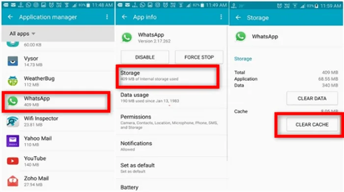 clear whatsapp cache android