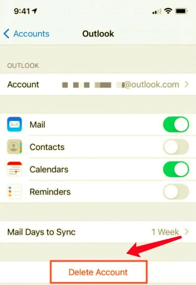 delete outlook account iphone