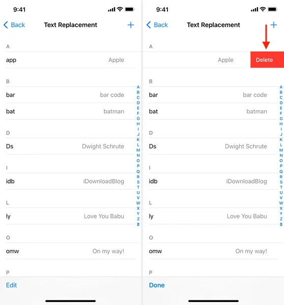 delete text replacement iphone