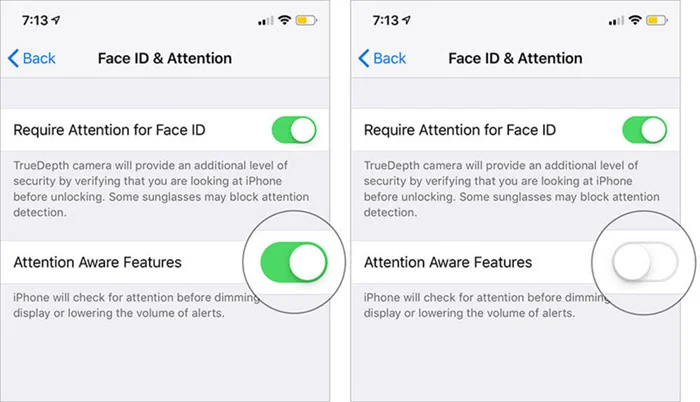 disable attention aware features on iphone