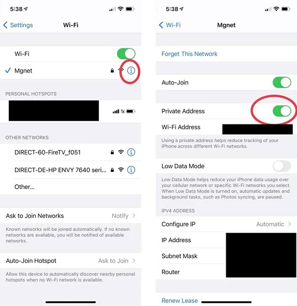 disable private address iphone