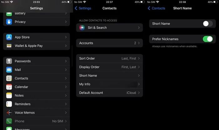 disable short name contacts ios