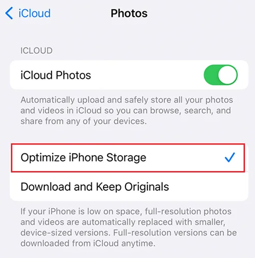 disable storage optimization for photos