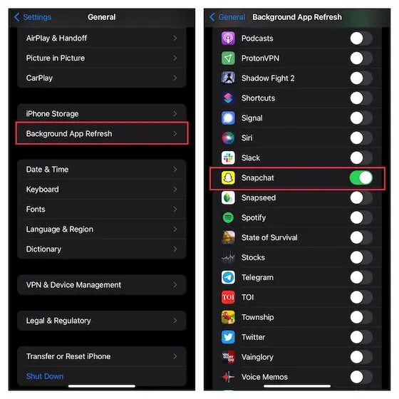 enable background app refresh for snapchat