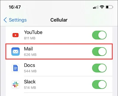 enable cellular data for mail