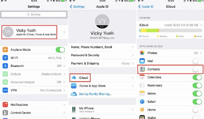 toggle on contacts icloud
