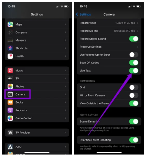 enable live text for camera on iphone