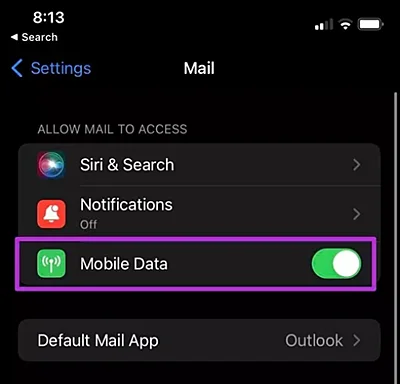 enable mobile data for mail