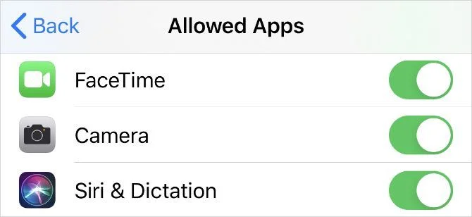 facetime and camera options in allowed apps