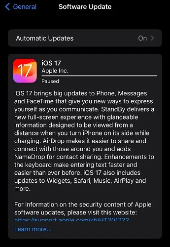 ios 17 update paused
