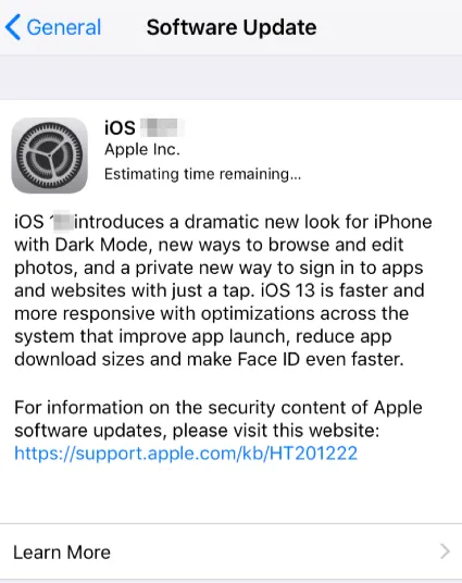ios update stuck on estimating time remaining