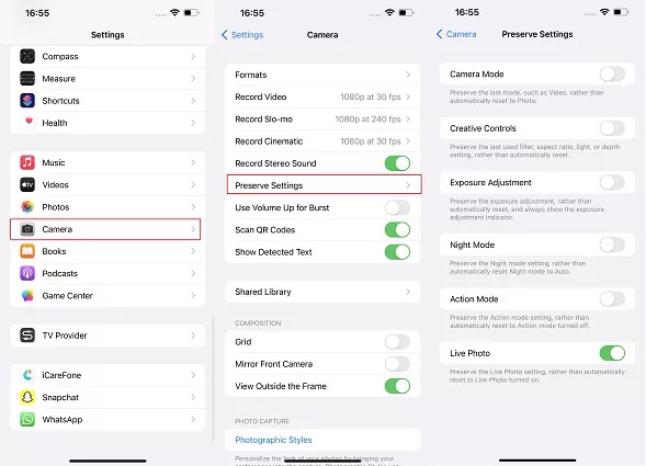 check iphone camera preserve settings