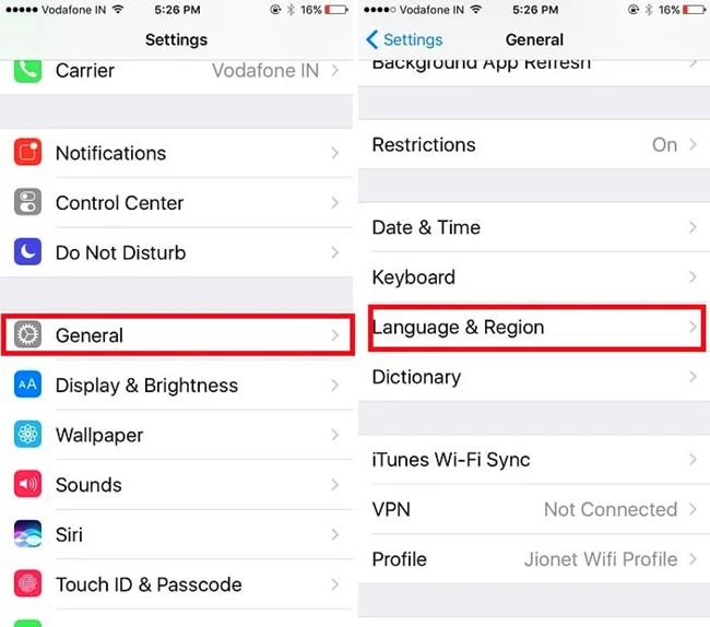 change iphone language and region