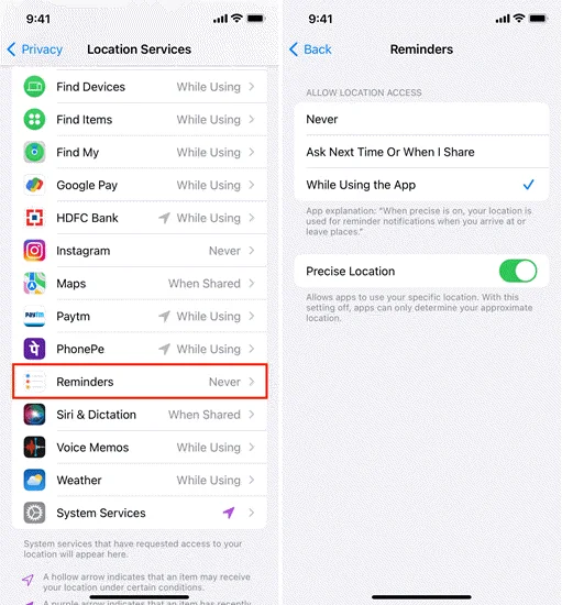 enable location services for reminders