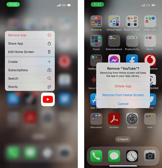 delete youtube app on iphone