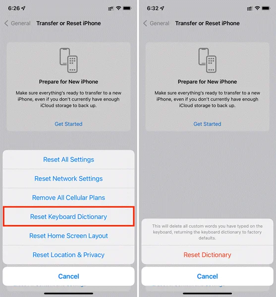 reset keyboard dictionary iphone