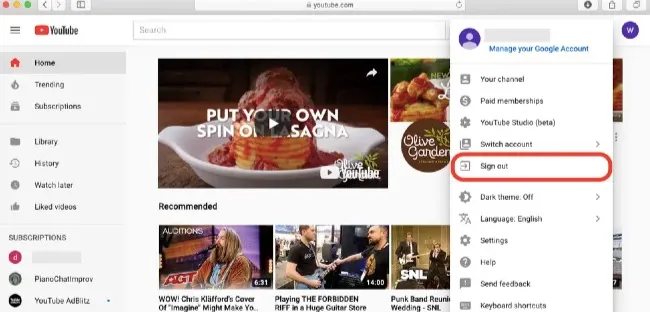 sign out of youtube account
