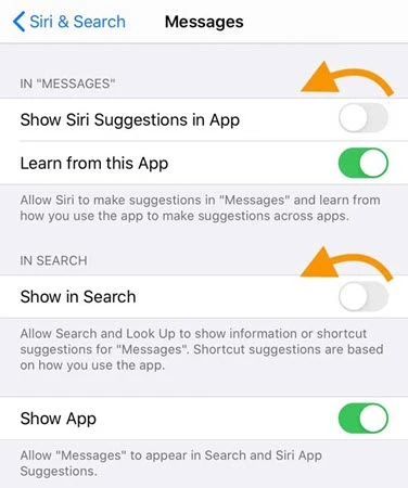 siri and search settings for message app