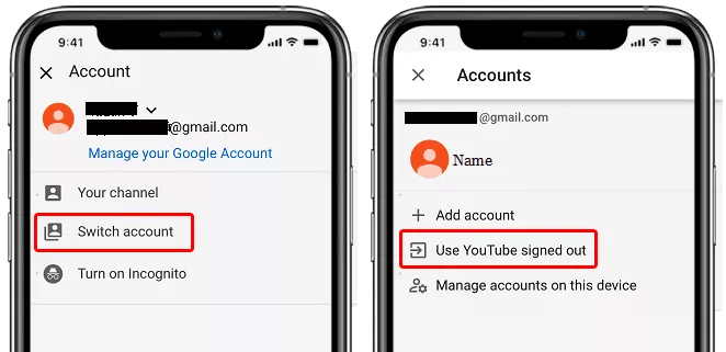 switch account in youtube on iphone