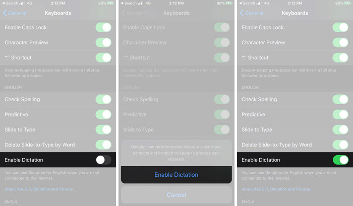 turn off and on dictation on iphone