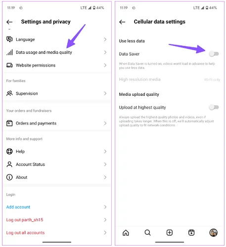turn off data saver instagram