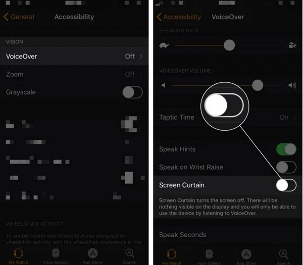 turn off screen curtain on apple watch