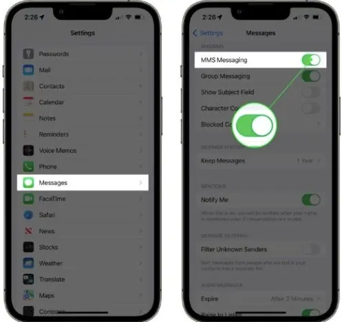 turn on mms messaging on iphone