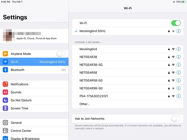 disable and enable wifi ipad
