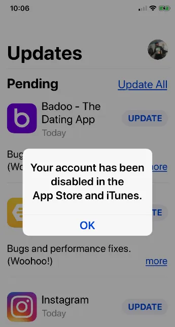 your account has been disabled in app store and itunes